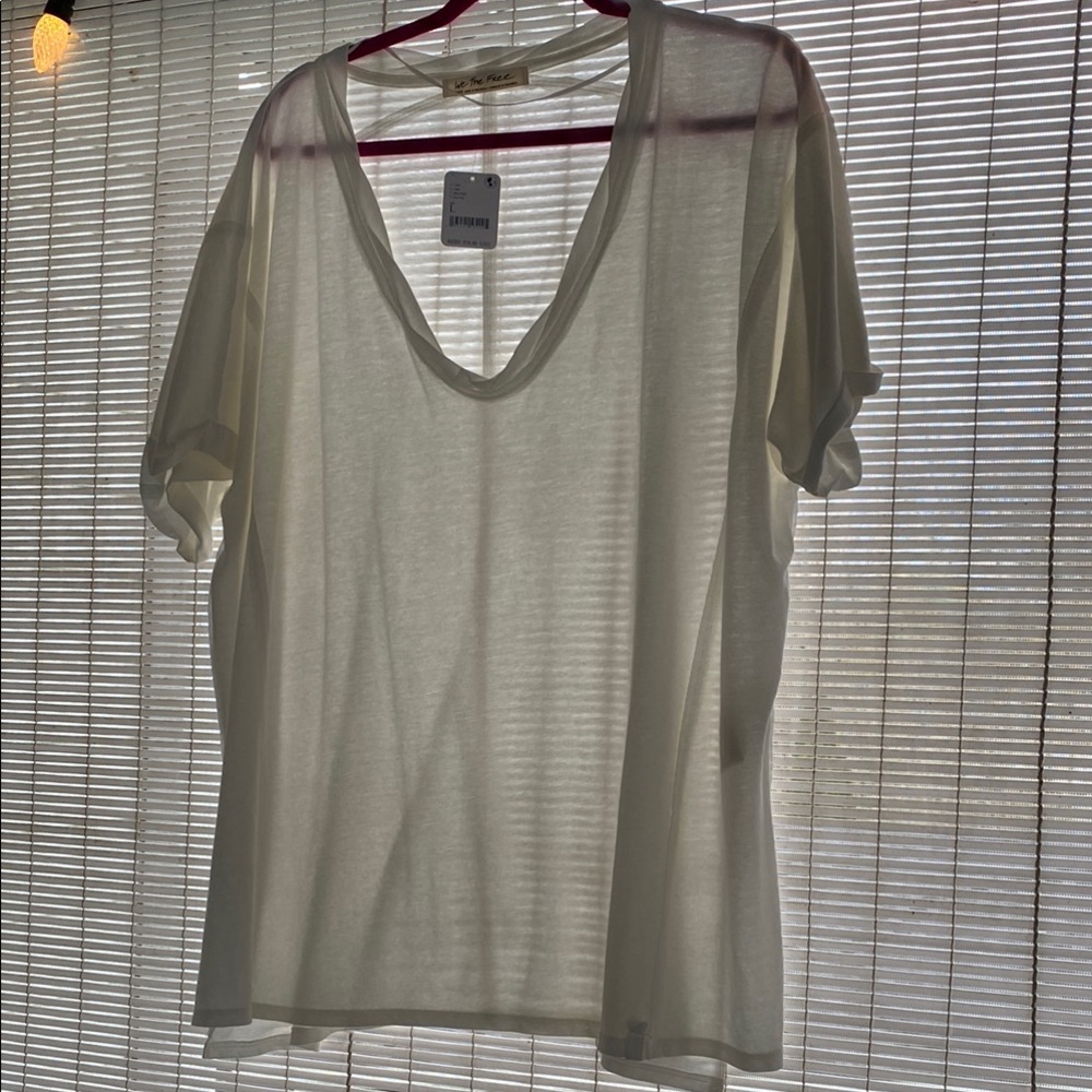 Free People White Deep V-Neck Short Sleeve Tee